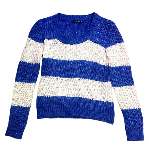 QED London Sweaters - Sparkly Sequin Blue and White Striped Knit Women's Cropped Sweater